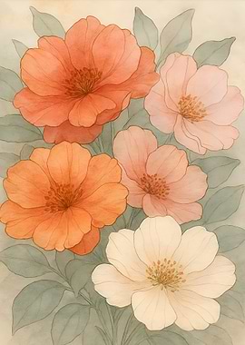 Floral Watercolor Painting with Peach Flowers