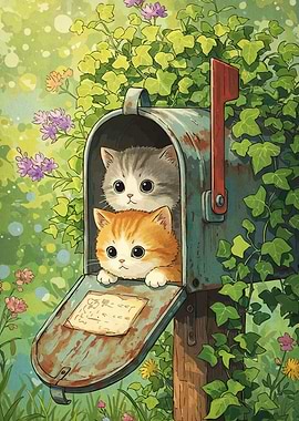 Kittens in Mailbox with Floral Surroundings