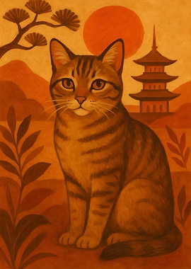 Cat in Japanese Landscape Painting