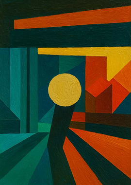 Geometric Abstract Painting with Yellow Circle