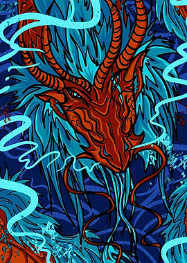 Dragon Head Illustration with Blue Flames