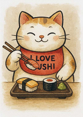 Cat Eating Sushi Watercolor Illustration