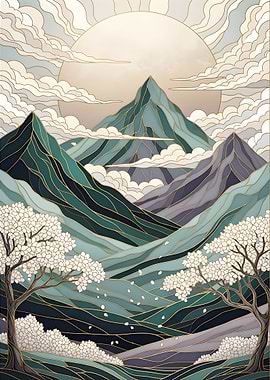 Mosaic Mountain Landscape with Cherry Blossoms