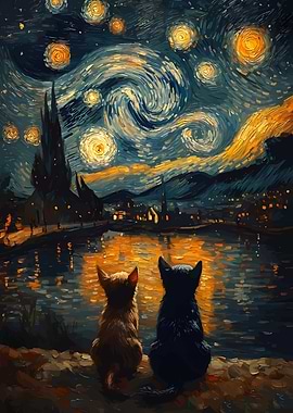 Cats under Starry Night Sky