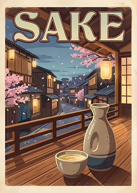 Sake Still Life with Japanese Town