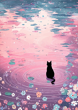 Black cat in a pink pond