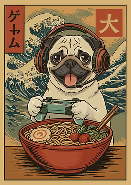 Gamer Pug Ramen Poster, Cute Japanese Art Print, Cartoon Dog Wall Decor for Game Lovers