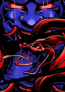 Hannya Mask and Snake Illustration