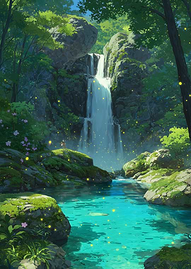 Lush Waterfall Scene with Fireflies
