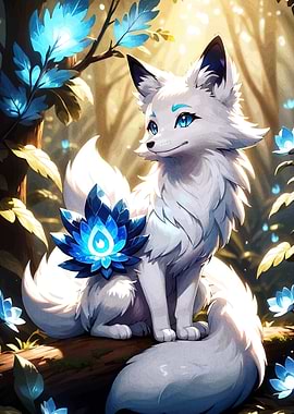 White Fox with Blue Crystal Flower