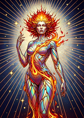 Fiery Woman with Radiant Background