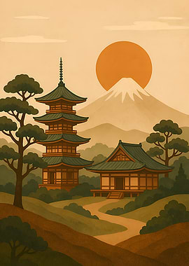 Japanese Landscape with Pagoda and Mountain
