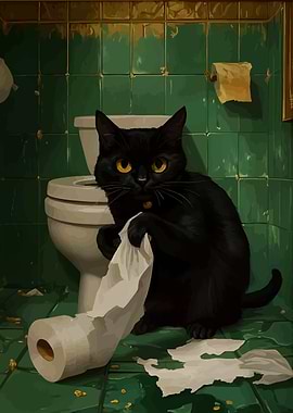 Mischievous Black Cat with Toilet Paper