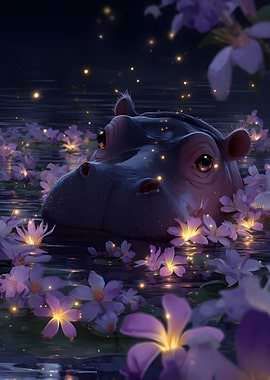 Hippo in Water Lilies at Night