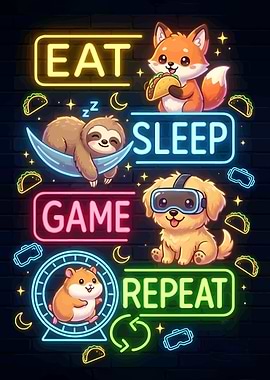 Eat Sleep Game Repeat Neon Animals