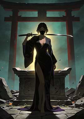 Female Ninja with Katana at Shrine