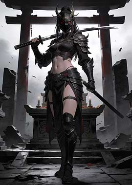 Female Warrior with Katana and Mask