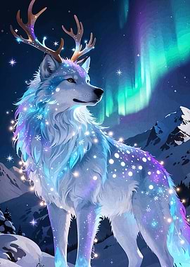 Winter Wolf with Antlers and Lights