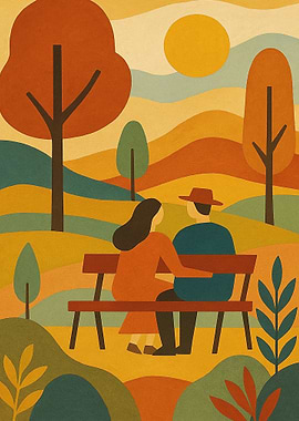 Couple on Bench in Autumn Landscape