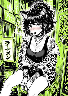 Anime Girl with Cat Ears Smoking