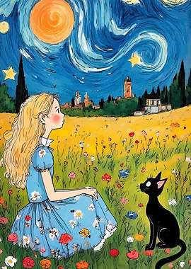 Girl, Cat, and Starry Night