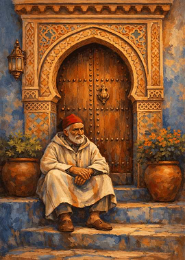 Moroccan Man Sitting by Ornate Door