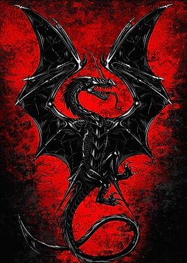 Black Dragon on Red Grunge Background