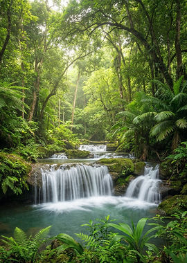 Tropical Waterfall in Lush Green Forest