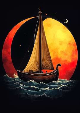 Sailboat at Sea with Lunar Backdrop