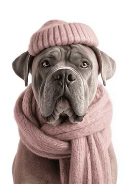 Cozy Mastiff dog with Pink Hat and Scarf