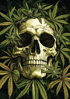 Skull Surrounded by Cannabis Leaves