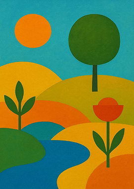 Abstract Landscape with River and Sun