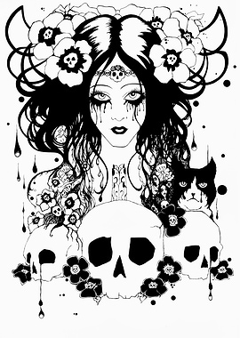 CRYING SKULLS- Gothic Woman with Skulls and Cat