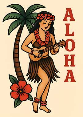 Aloha Hula Girl Tattoo Style Art