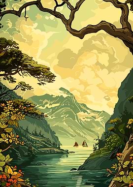 Mountain Lake Landscape with Sailboats