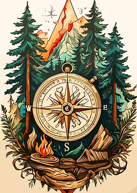Compass, Mountain, and Forest Illustration