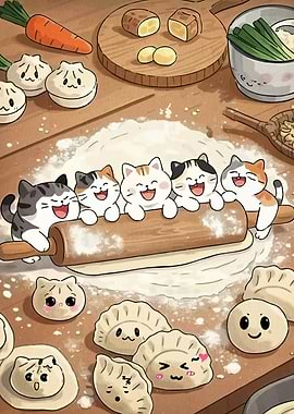Cats making dumplings