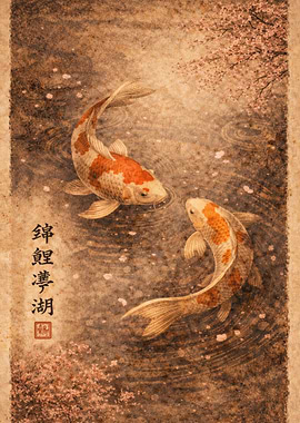 Koi Fish Pond with Cherry Blossoms