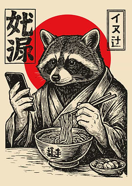 Raccoon Eating Noodles Poster, Japanese Style Animal Art, Cute Retro Japan Wall Print