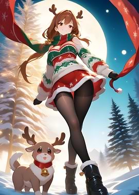 Anime Girl with Reindeer and Christmas Scarf
