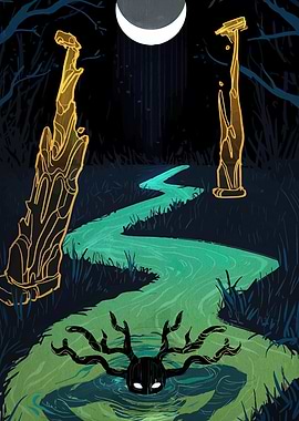 Mystical River Scene with Glowing Elements