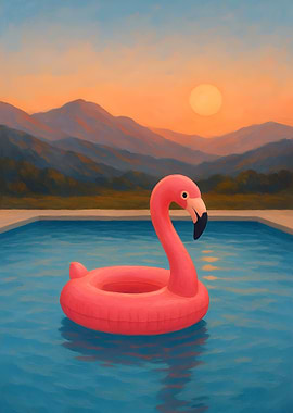 Flamingo float in pool at sunset