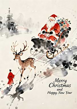 Christmas card with Santa and reindeer