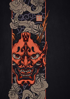 Japanese Oni Mask with Maple Leaves