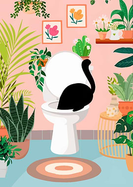 Cat in Toilet Surrounded by Plants
