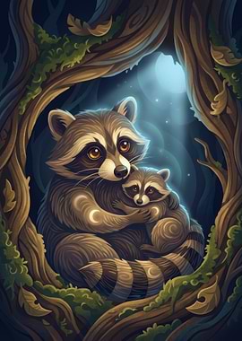Raccoon Mother and Baby in Forest
