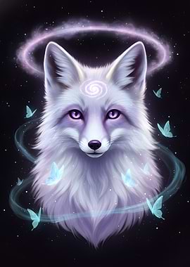 Mystical White Fox with Butterflies