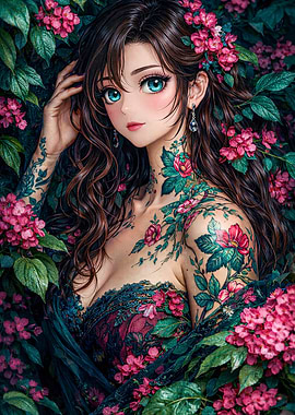 Anime Girl with Floral Tattoos