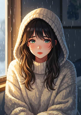 Anime Girl in Hoodie on Rainy Day