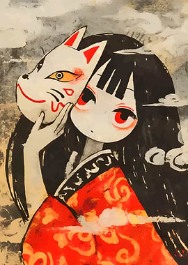 Girl with Fox Mask Japanese Art